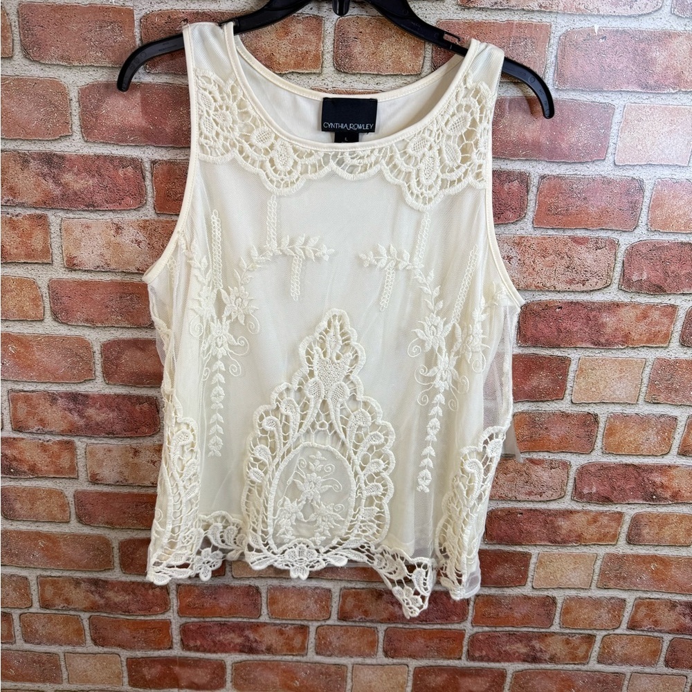 Art deco crochet cream lace feminine fairy Tank Top with sheer overlay